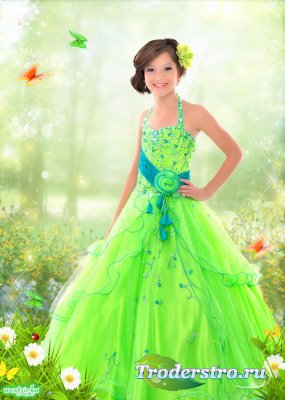 Многослойный детский psd шаблон - Девочка в ярко зеленом платье среди ромаш ...