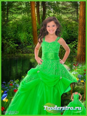 Многослойный детский psd шаблон - Девочка в ярко-зеленом платье словно лесн ...