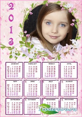 Красивый календарь - рамка для фотошопа с нежными цветами и кокетливыми бан ...