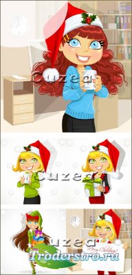 The girl in Santa's cap with gifts in a vector