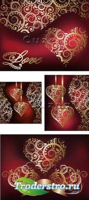       / Vintage hearts of gold and ornament in a vector