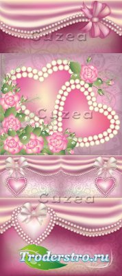        / Backgrounds with pink roses, hearts and pearls in a vector