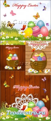         / Vector easter baskets on a wooden background in a vector