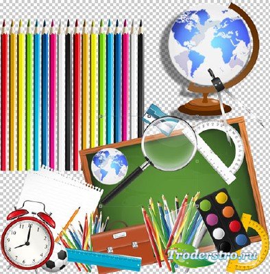 Клипарт PSD - школьные предметы цветные карандаши краски с глобус на прозра ...