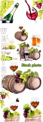 ,       / Wine, barrel with wine on a white backg ...