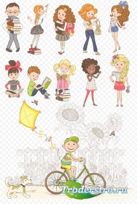 Клипарт - Рисованные детские персонажи с книжками PSD прозрачный фон