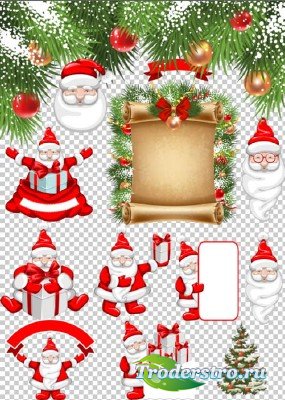 Клипарт - Сказочные Дед морозы с подарками еловые ветки с шарами на прозрач ...