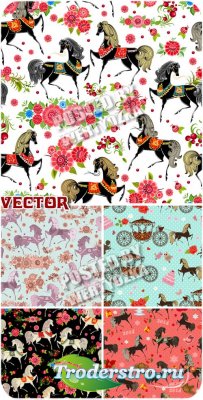       / Vector background with horses and flowers