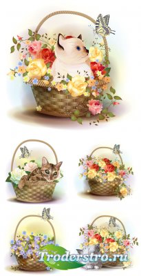     ,  / Baskets of flowers and kittens, vector