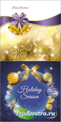 Golden Christmas card with bells and balls (vector)
