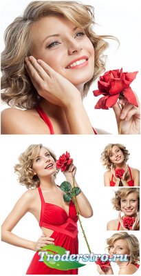       / Girl in a red dress with a rose - Stock Photo