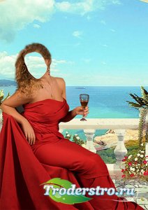 Шаблон psd девушки в красном платье с бокалом вина на фоне моря