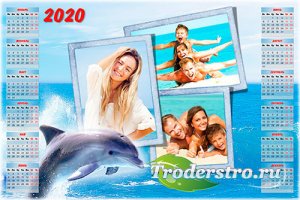 Календарь psd c рамкой для фотографий летнего отдыха - Море, лето, дельфины