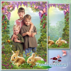 Рамка для фото с весенним пейзажем - Зайчишки братишки